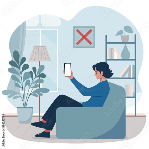 Vector art of a young man is relaxing in an armchair at home, looking at his smartphone, enjoying the comfort and convenience of modern technology