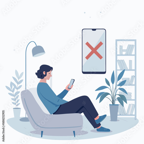 Vector art of a woman is sitting in a chair and looking at her phone, with a cross mark on the phone screen