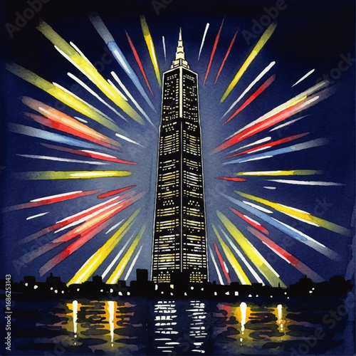A tall skyscraper illuminated by colorful bursts of light, reflecting in the water below a dark night sky.