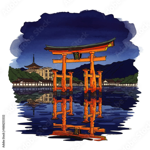 Nighttime view of a Japanese torii gate, reflected in a calm water, with traditional buildings in the background.