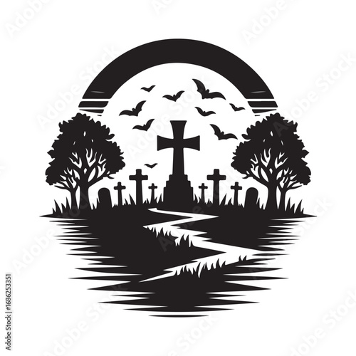 graveyard vector silhouette outline logo design concept illustration