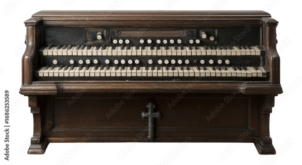 Fototapeta premium Vintage Wooden Organ with Keys and Buttons on Isolated Transparent Background