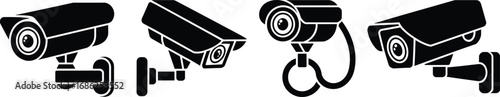 Black CCTV security camera icons set, surveillance camera silhouettes, video monitoring system symbols, safety and protection technology illustrations