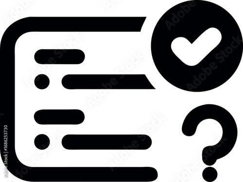 Simple line icon representing the evaluation of survey results, a completed questionnaire, or an online quiz with a checkmark and question mark