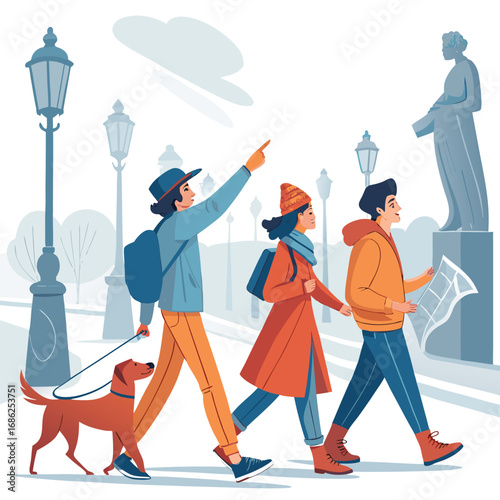 Vector art of people with a dog are walking on the street in the city with a statue and street lamps, enjoying tourism and travel