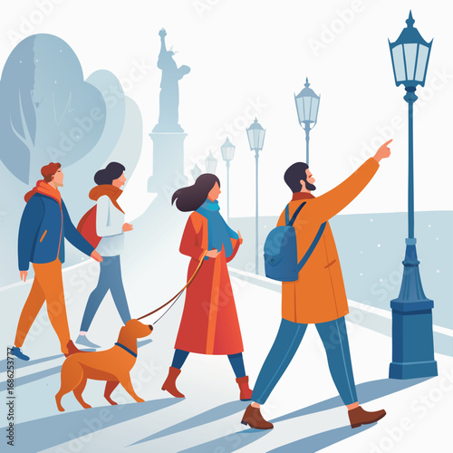 Vector art of people with a dog are walking on the street in the city with a statue and street lamps, enjoying tourism and travel