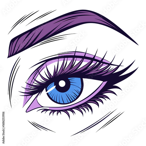 A cartoon vector illustration of a woman's brown eye with beautiful eyelashes, mascara, and a natural eyebrow