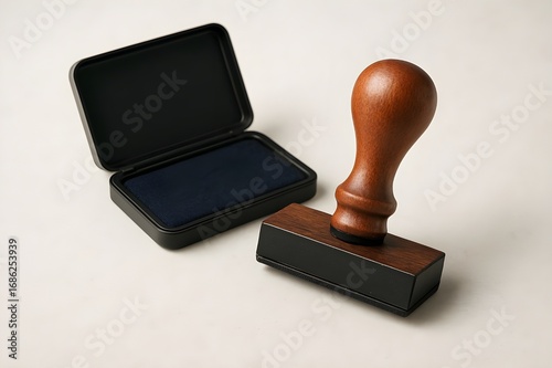 rubber stamp with wooden handle placed next to ink pad