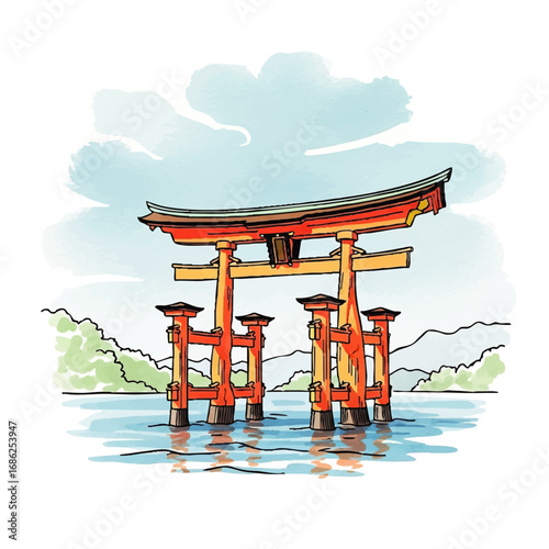 Illustration depicts a vibrant orange Japanese torii gate standing in water, under a cloudy sky.