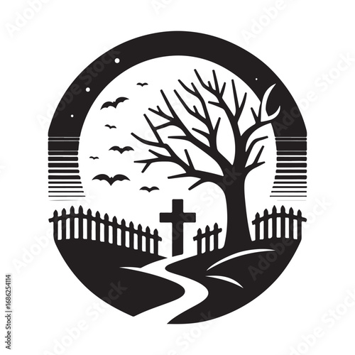 graveyard vector silhouette outline logo design concept illustration