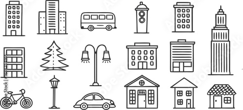 City line art illustration set buildings and transport line art