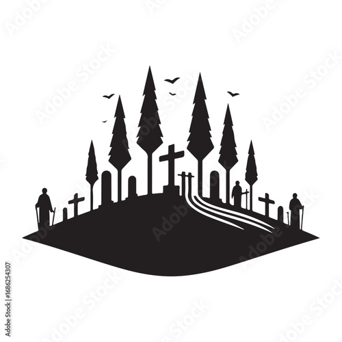 graveyard vector silhouette outline logo design concept illustration