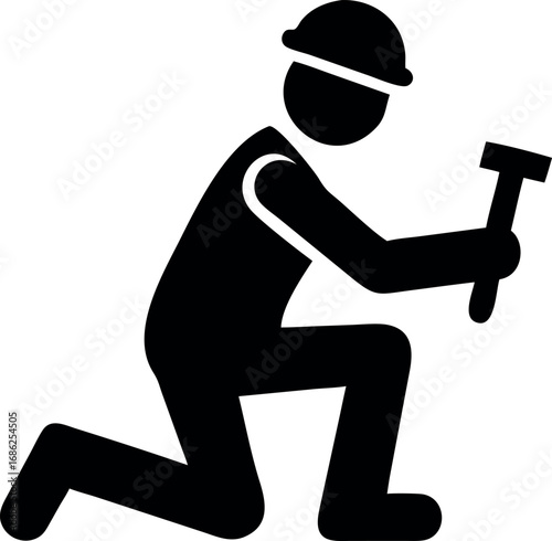 Construction Worker Icon Black Silhouette of a Person Kneeling with a Hammer