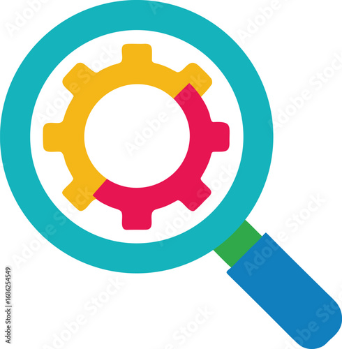 Magnifying glass over gears