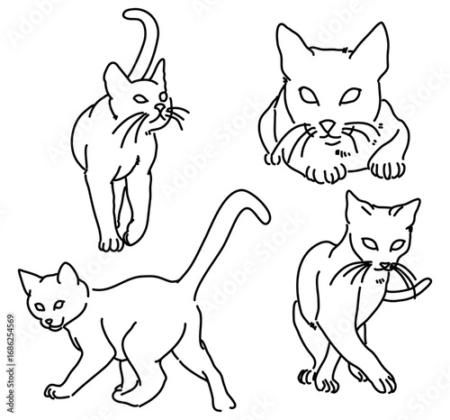 Line art illustration set of cats in different poses. Simple black outline drawings, perfect for coloring pages, tattoo design, logos, stickers, prints, and educational materials.