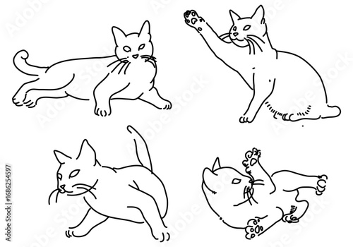 Set of hand drawn cat line art illustrations with different poses.