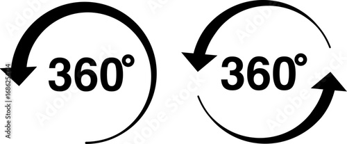 360 degree rotation icons vector. Black arrow circular symbols representing full rotation, 3D view, panorama, and interactive motion. 