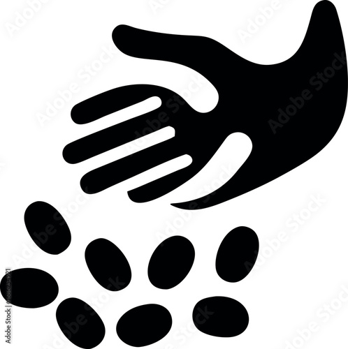 Minimalist black vector icon showing a hand scattering seeds, representing agriculture, planting, new beginnings, and cultivation