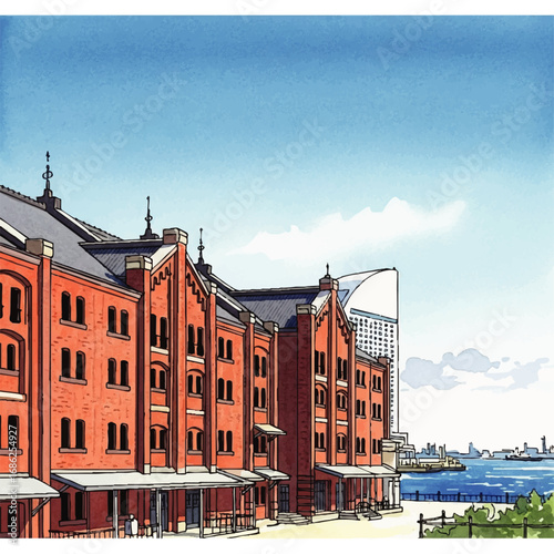 Yokohama Red Brick Warehouses under a clear blue sky, waterfront view.