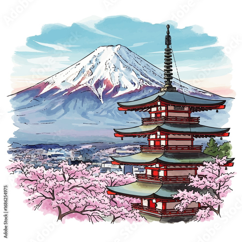 Japanese landscape illustration featuring Mount Fuji, a pagoda, and cherry blossoms.