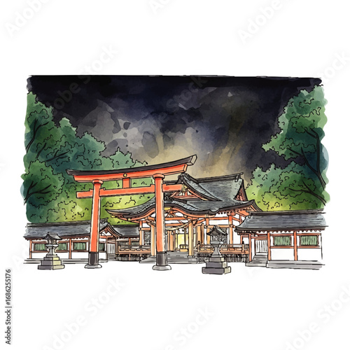 A vibrant watercolor illustration of a traditional Japanese shrine complex at dusk, featuring a prominent orange torii gate and illuminated buildings nestled...