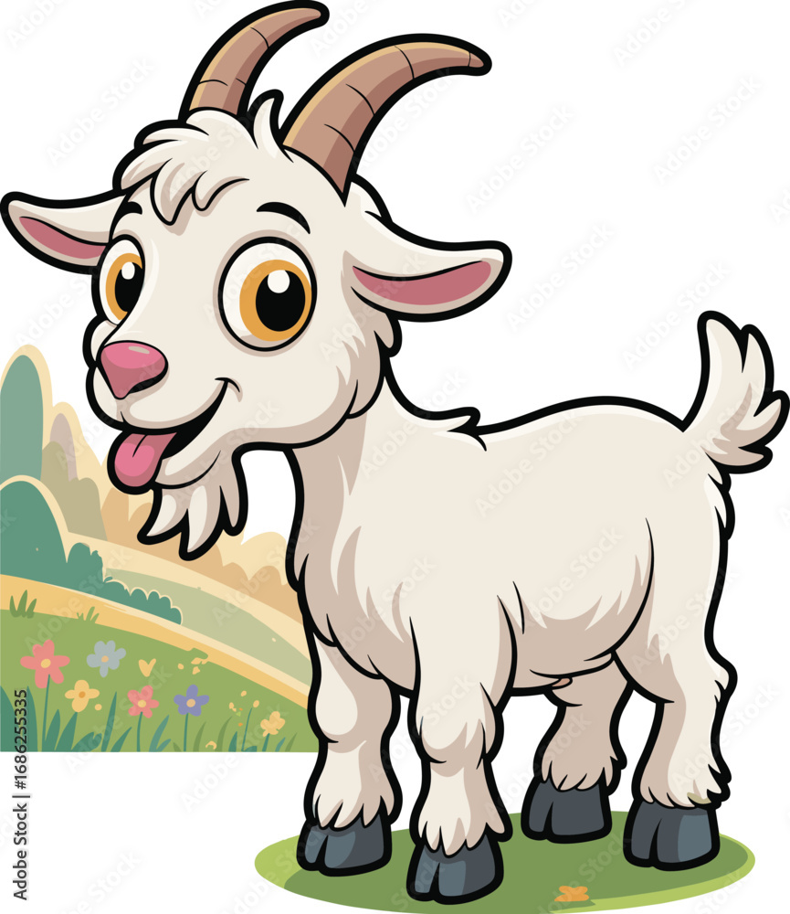 Naklejka premium Cute cartoon goat with big eyes, farm animal illustration, happy white goat character, livestock vector, children’s educational design