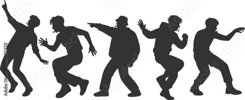 Set vector illustrations of silhouettes of kpop idols singing and dancing on stage. Flat vector kpop boyband. Male dancers, rapper, singer with various different styles, poses and choreography.