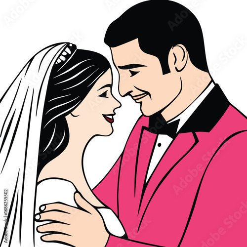 Romantic Wedding Day Embrace A Cartoon Newlywed Couple's Loving Moment Illustrated