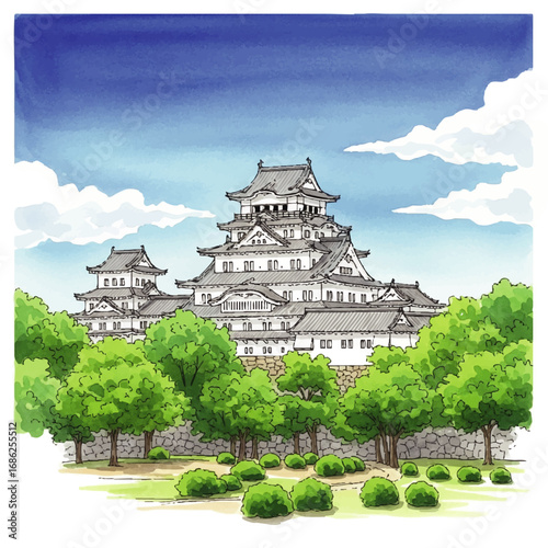Illustration depicts a majestic Japanese castle surrounded by lush green trees under a bright blue sky with fluffy clouds.