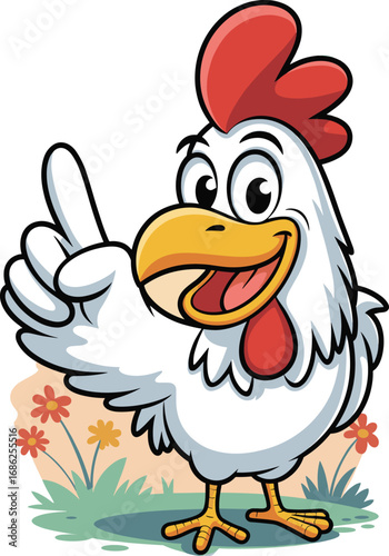 Funny cartoon rooster saying good morning, chicken character with peace sign, farm animal illustration, cheerful morning greeting, vector design