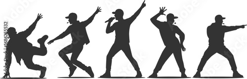 Set vector illustrations of silhouettes of kpop idols singing and dancing on stage. Flat vector kpop boyband. Male dancers, rapper, singer with various different styles, poses and choreography.
