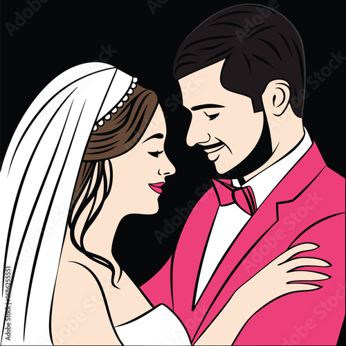 Romantic Wedding Day Embrace A Cartoon Newlywed Couple's Loving Moment Illustrated