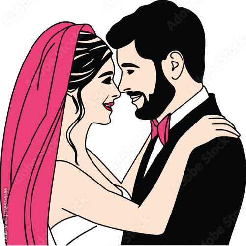 Romantic Wedding Day Embrace A Cartoon Newlywed Couple's Loving Moment Illustrated