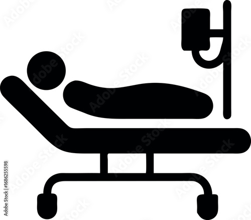 Vector silhouette icon of a patient lying in a hospital bed with an intravenous drip, symbolizing healthcare and medical treatment