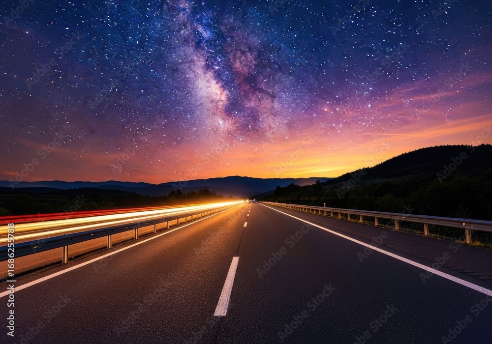Fototapeta premium Milky Way Starry Sky Above Highway with Car Light Trails and Forest Silhouette View