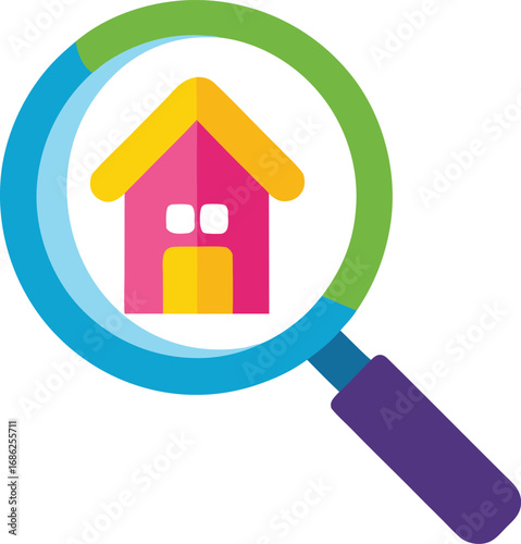 Magnifying glass with a pink and yellow house
