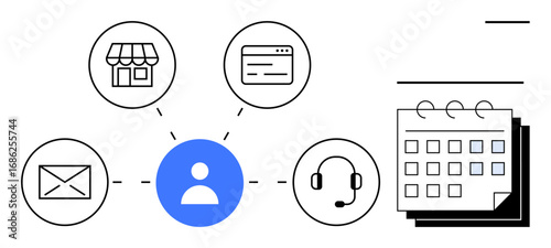 Central user icon linked to email, store, web, headphones, and calendar icons. Ideal for organization, planning, management communication scheduling customer service and connectivity. Simplified
