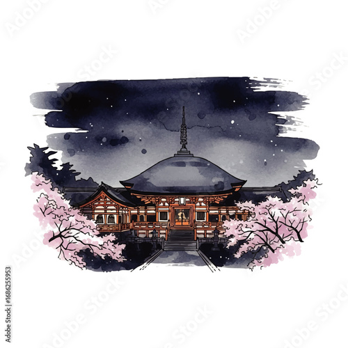 A beautiful watercolor illustration of a Japanese temple at night, framed by blooming cherry blossoms under a starry sky.