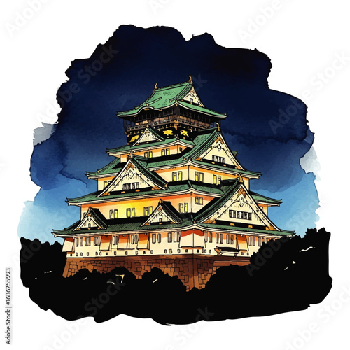 A beautiful watercolor and ink illustration of a traditional Japanese castle illuminated against a dark night sky.