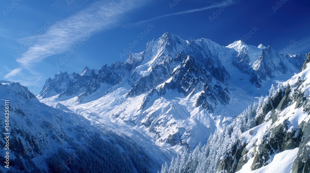Fototapeta premium Stunning snow-covered mountain range with jagged peaks under clear blue sky du daytime in winter landscape scene