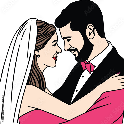 Romantic Wedding Day Embrace A Cartoon Newlywed Couple's Loving Moment Illustrated