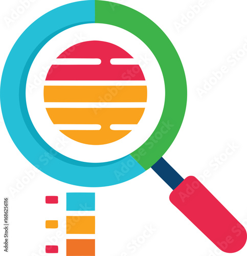 Magnifying glass over abstract sun graphic with color swatches