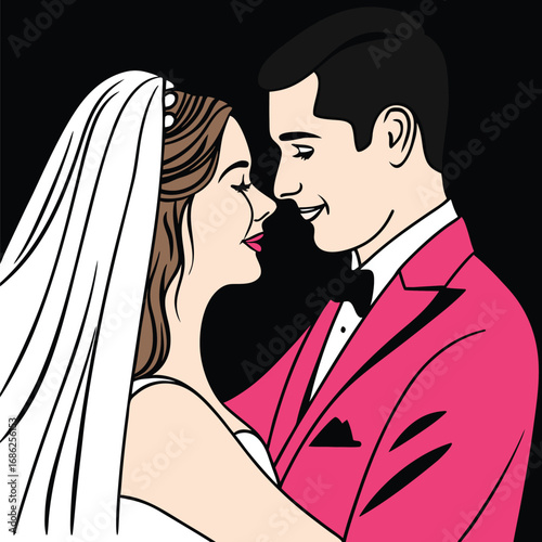 Romantic Wedding Day Embrace A Cartoon Newlywed Couple's Loving Moment Illustrated
