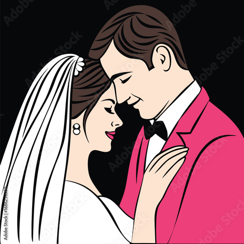 Romantic Wedding Day Embrace A Cartoon Newlywed Couple's Loving Moment Illustrated