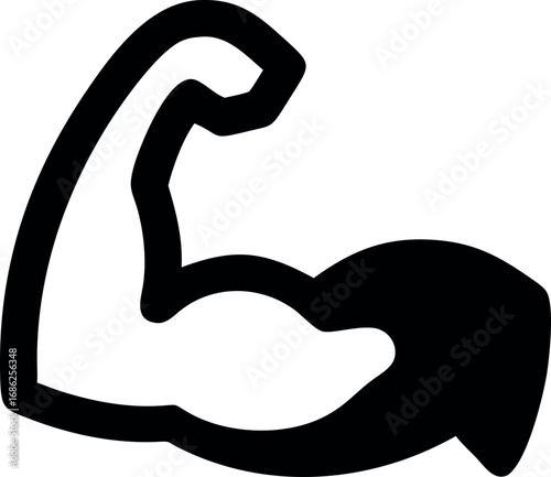 Monochrome line art illustration of a muscular arm flexing, representing bodybuilding, health, and a powerful symbol of physical fitness