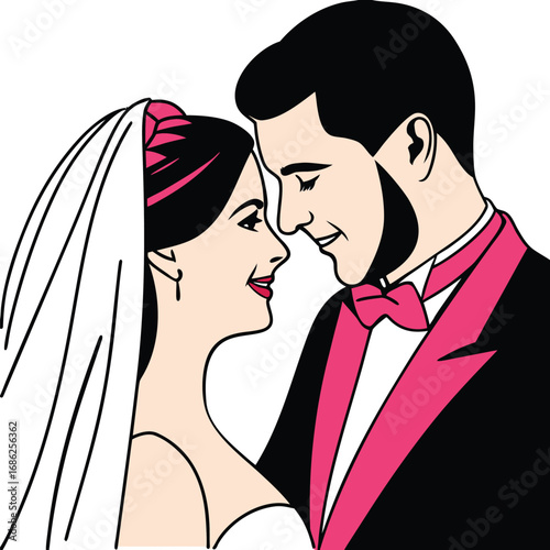 Romantic Wedding Day Embrace A Cartoon Newlywed Couple's Loving Moment Illustrated