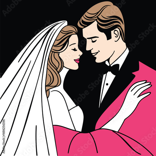 Romantic Wedding Day Embrace A Cartoon Newlywed Couple's Loving Moment Illustrated