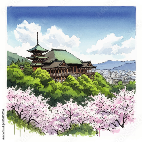 Watercolor illustration of a Japanese temple nestled in lush greenery, with blooming cherry blossoms and a city in the distance.