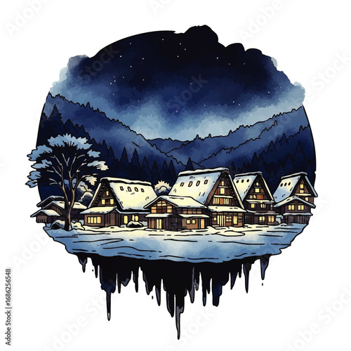 Watercolor illustration of a snow-covered village nestled in a mountainous landscape under a starry night sky, with illuminated houses and icicles hanging below.