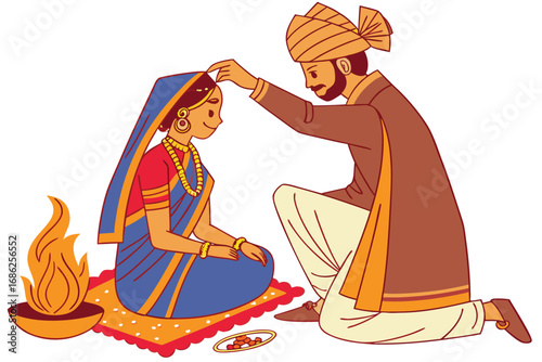 Traditional Indian Wedding Ceremony The Bride and Groom Celebrating Their Sacred Union With Fire and Blessings